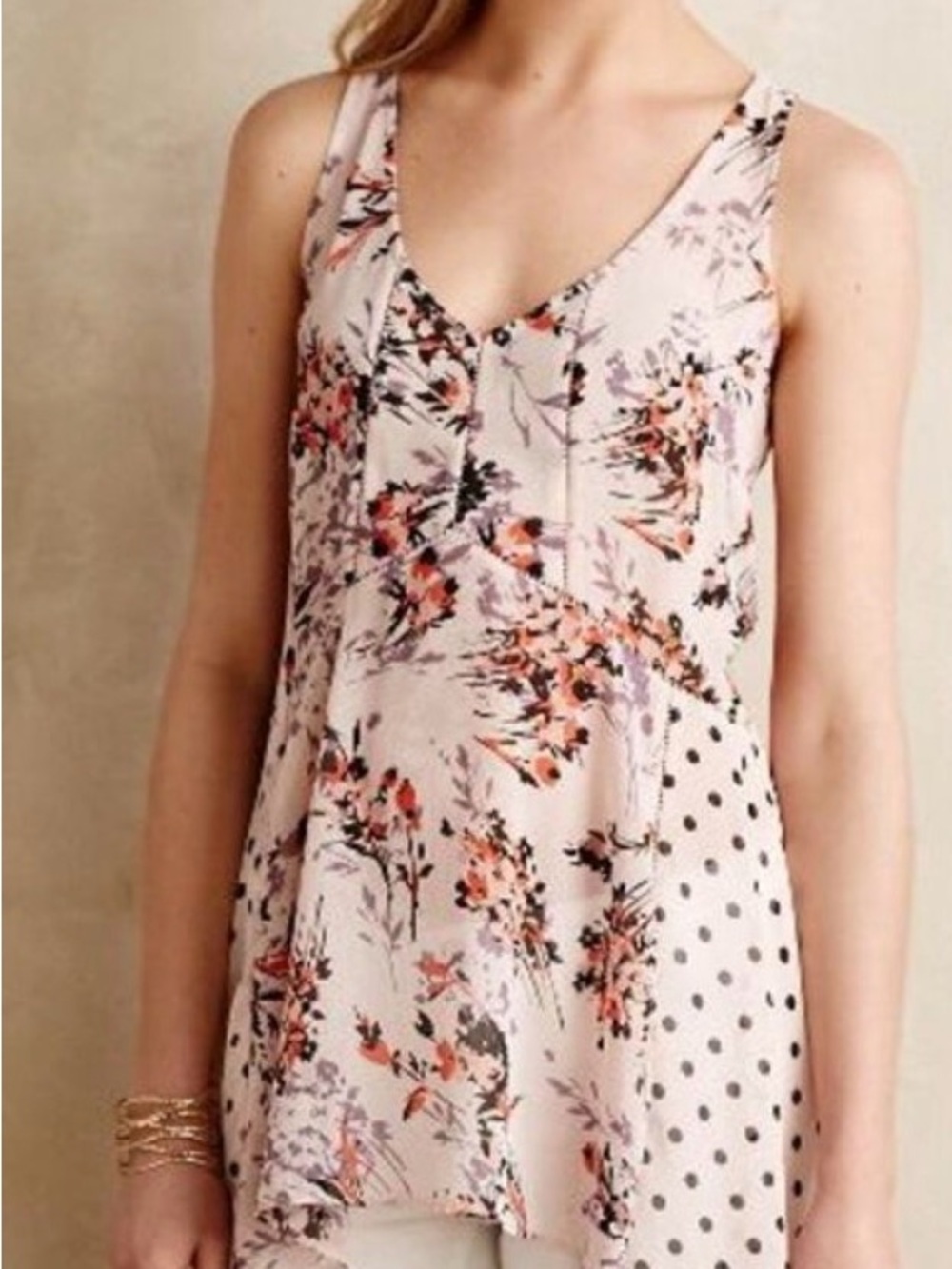 Anthropologie Vanessa Virginia Floral Polka V-Neck Tank Top Sz L